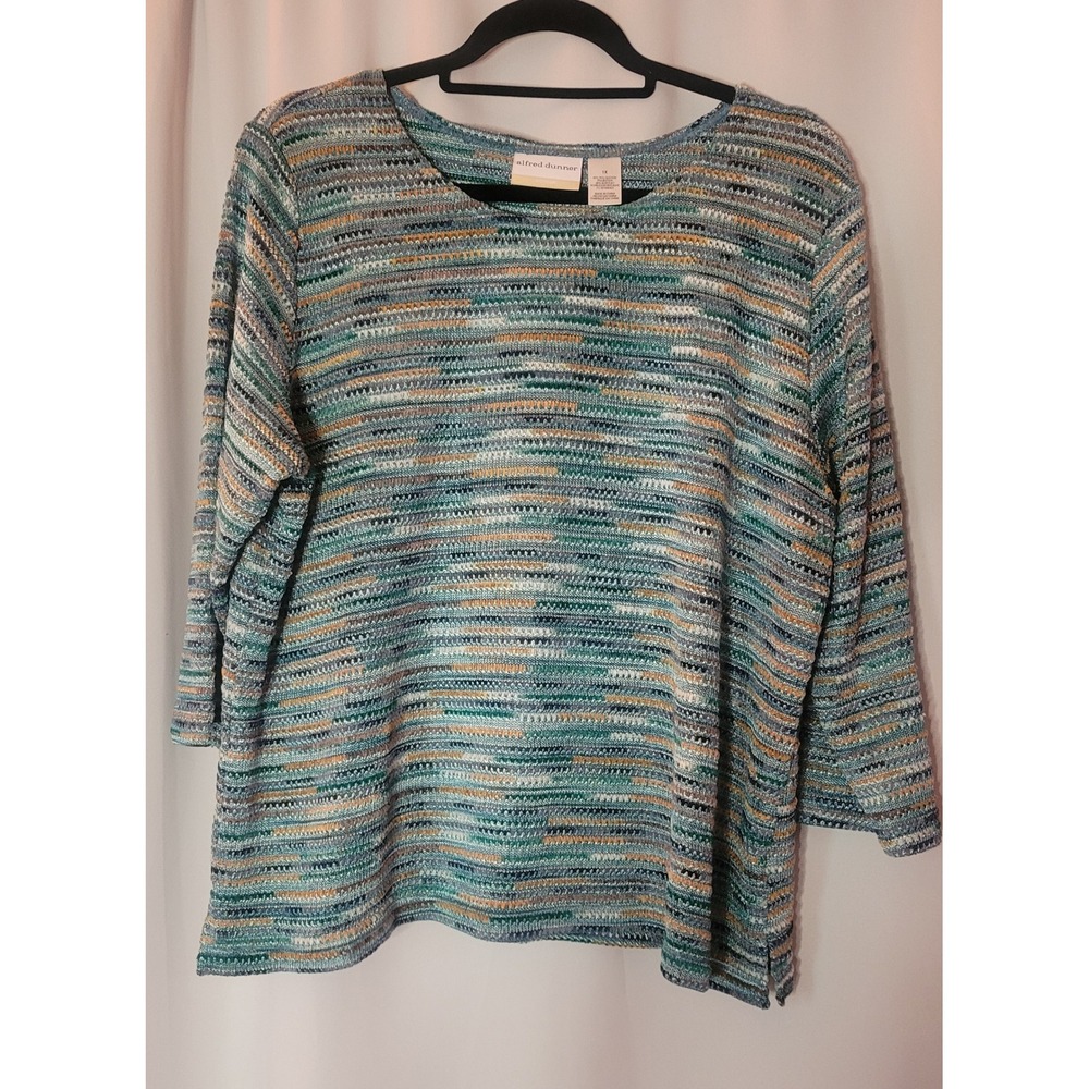 Alfred Dunner Woman 1X Space Dye Textured Knit 3/4 Sleeve Top Teal Blue